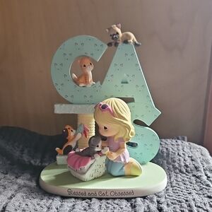 Precious Moments Pastel Girl Figurine with Mint Green Cats Letters